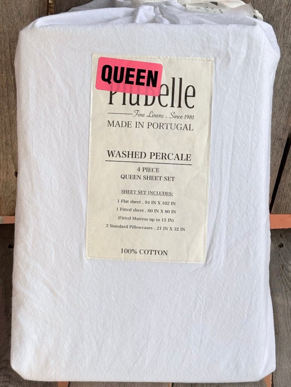 PiuBelle Washed Percale Queen Size Sheet Set 100% Crisp Cotton White Portugal